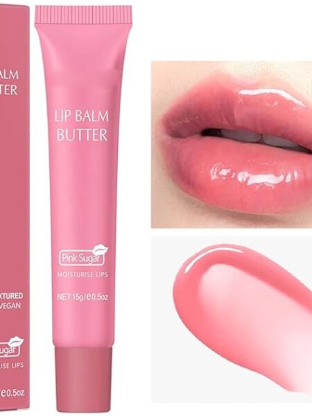 Glossy Lip Butter Balm Pink Suger, Non-Sticky Moisturizing Jelly Tint Stain, Nourishing Lip Care & Repair Lip Mask for Soft, Smooth, Dry Lip Protection