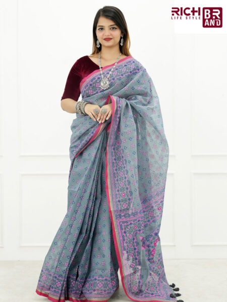 সম্পূর্ণ সুতার ও এমব্রয়ডারি কাজের রাজকীয় ডিজাইন প্রিমিয়াম বুটিক শাড়ি| রানিং ব্লাউজ পিসসহ