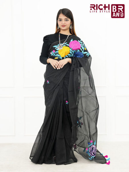 Black Muslin Saree with Colorful Thread Work – Elegant Boutique Style Saree